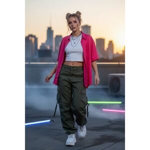 Vintage Hot Pink Silk Button Up Shirt Mens Small Y2K Festival Oversized